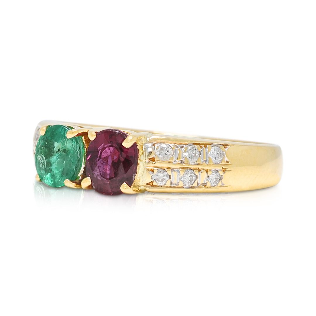 Striking 0.82ct Emerald, Ruby & Diamond Ring in 18K Yellow Gold