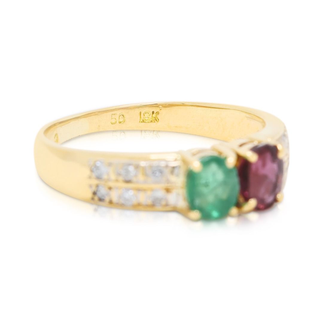 Striking 0.82ct Emerald, Ruby & Diamond Ring in 18K Yellow Gold