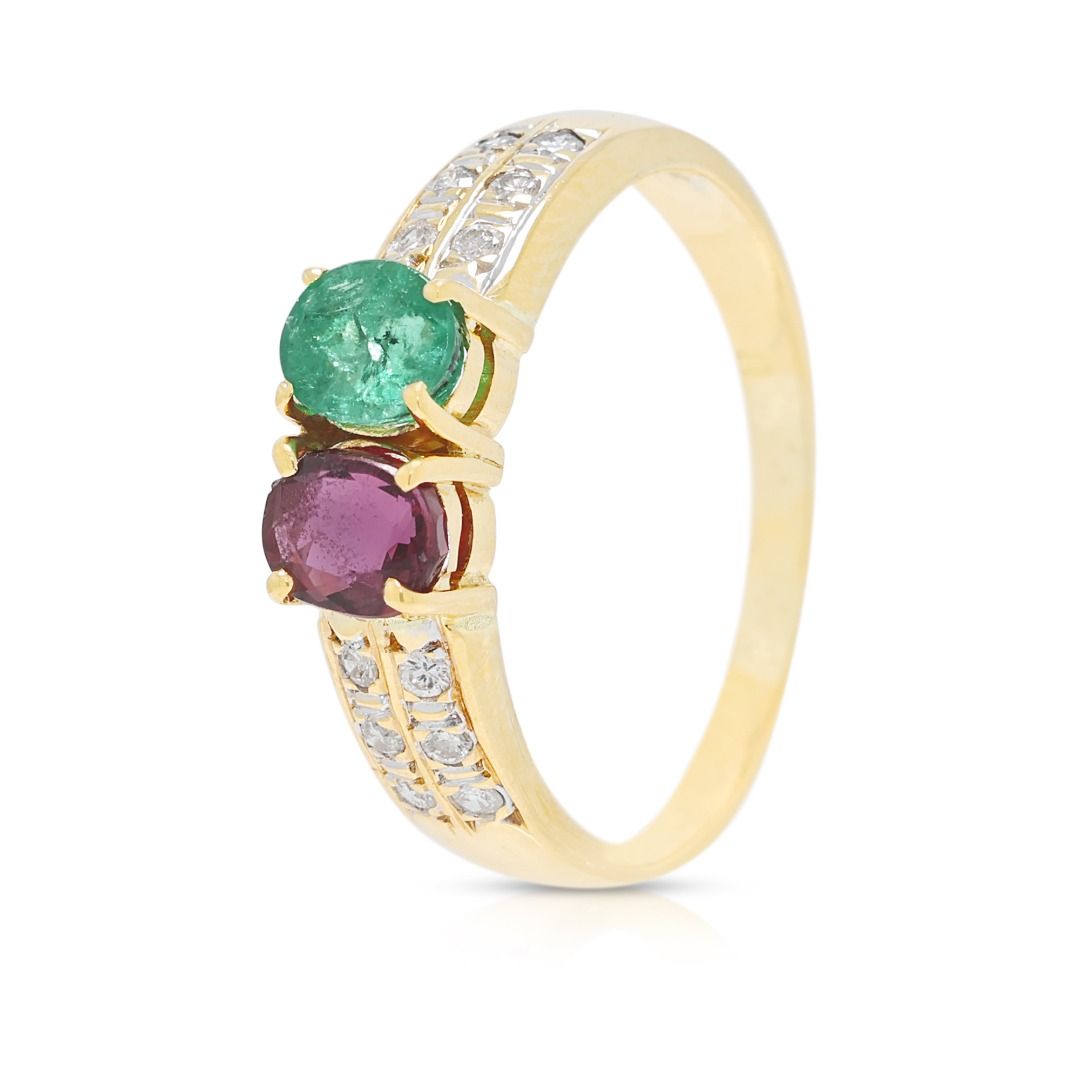 Striking 0.82ct Emerald, Ruby & Diamond Ring in 18K Yellow Gold