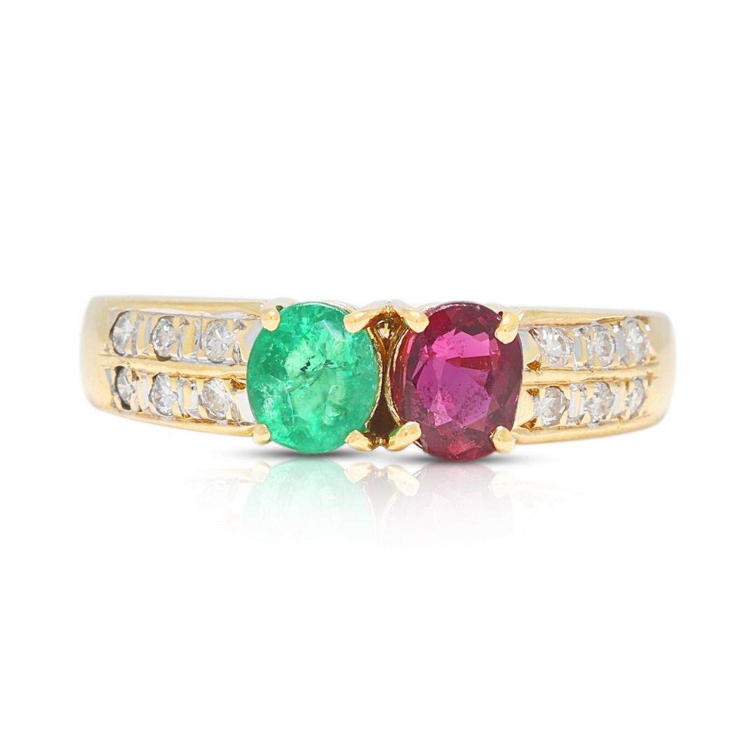 Striking 0.82ct Emerald, Ruby & Diamond Ring in 18K Yellow Gold