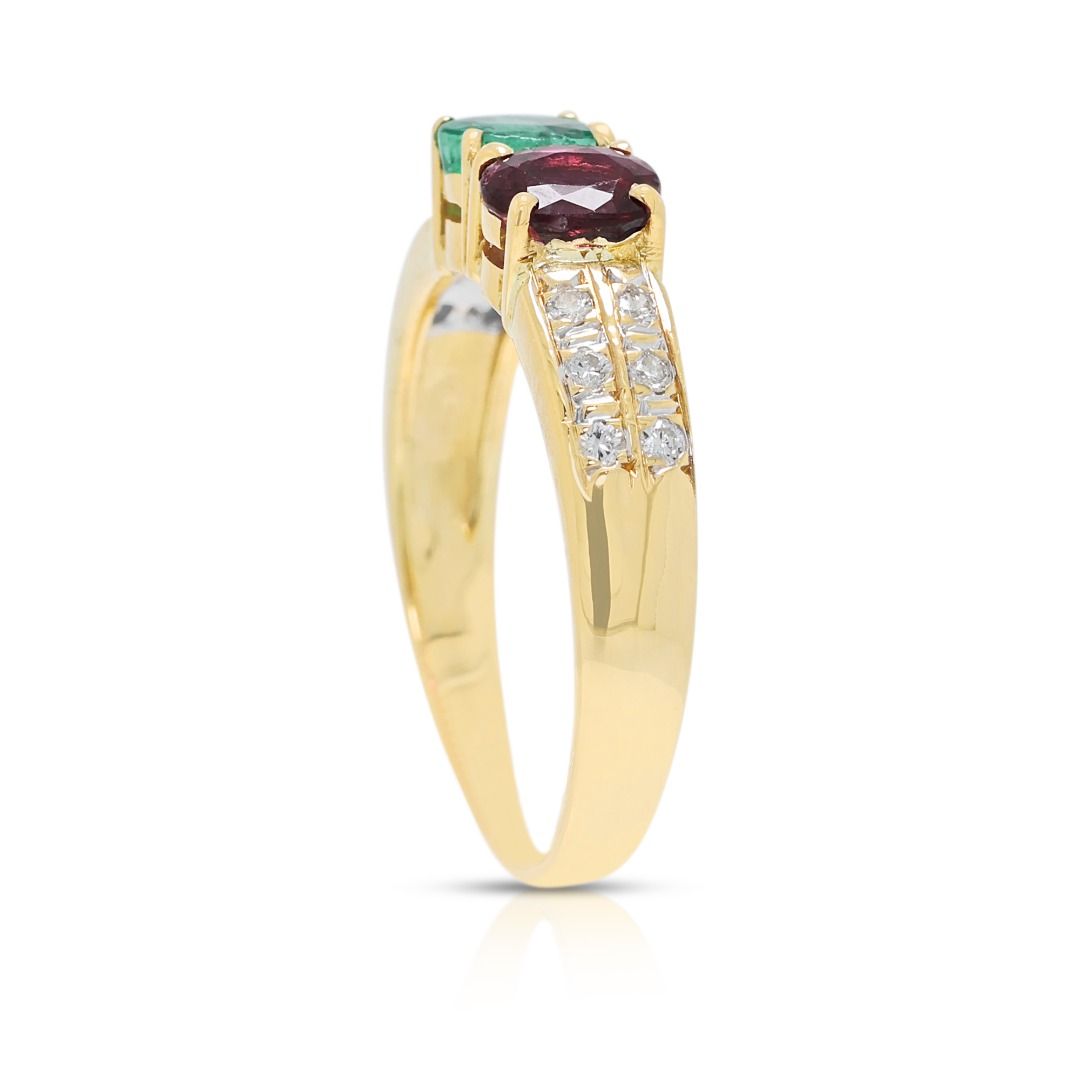 Striking 0.82ct Emerald, Ruby & Diamond Ring in 18K Yellow Gold