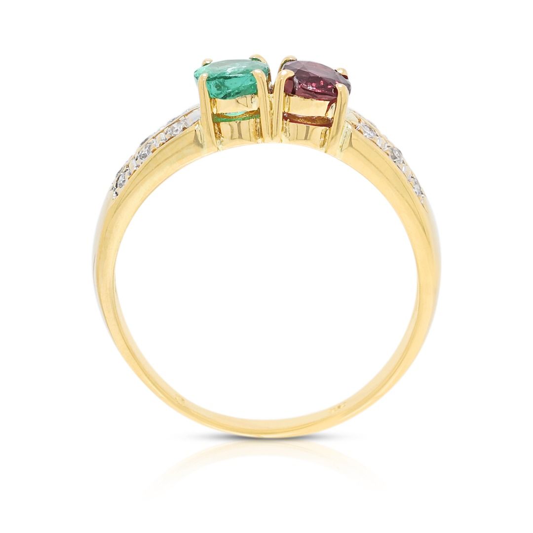Striking 0.82ct Emerald, Ruby & Diamond Ring in 18K Yellow Gold
