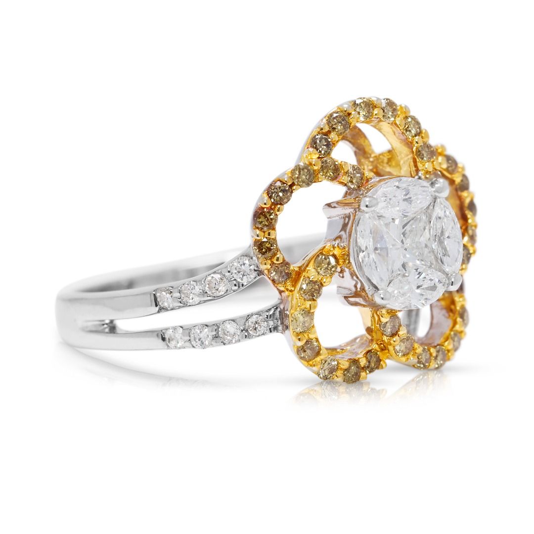 Striking 0.82ct Floral Diamond Ring in 18K Two-Toned Gold
