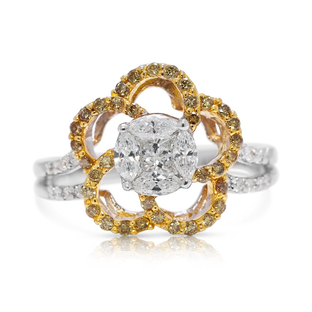 Striking 0.82ct Floral Diamond Ring in 18K Two-Toned Gold