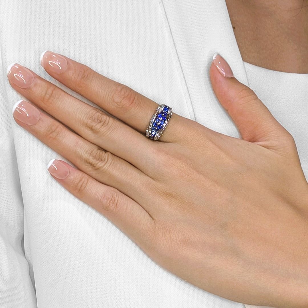 Striking 0.88ct Sapphire & Natural Diamond Wave Band in 18K White Gold (New)