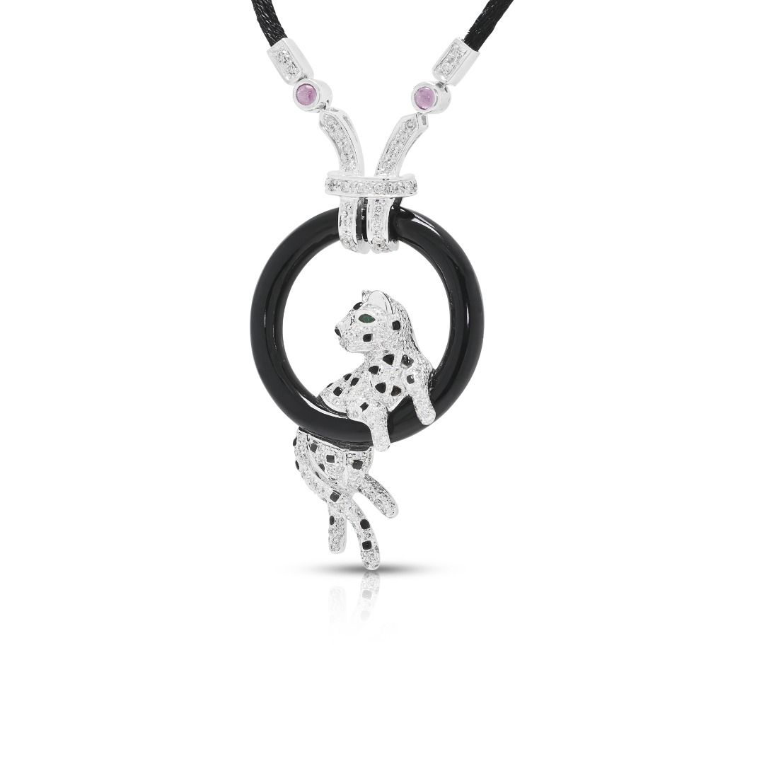 Striking 1.01ct Natural Diamond, Black Onyx, 0.04ct Sapphire and 0.02ct Emerald Feline Necklace in 18K White Gold