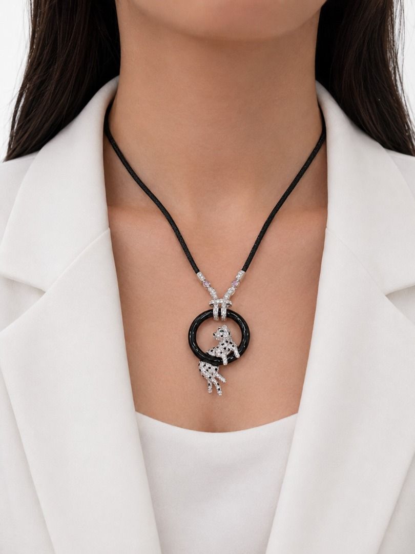 Striking 1.01ct Natural Diamond, Black Onyx, 0.04ct Sapphire and 0.02ct Emerald Feline Necklace in 18K White Gold