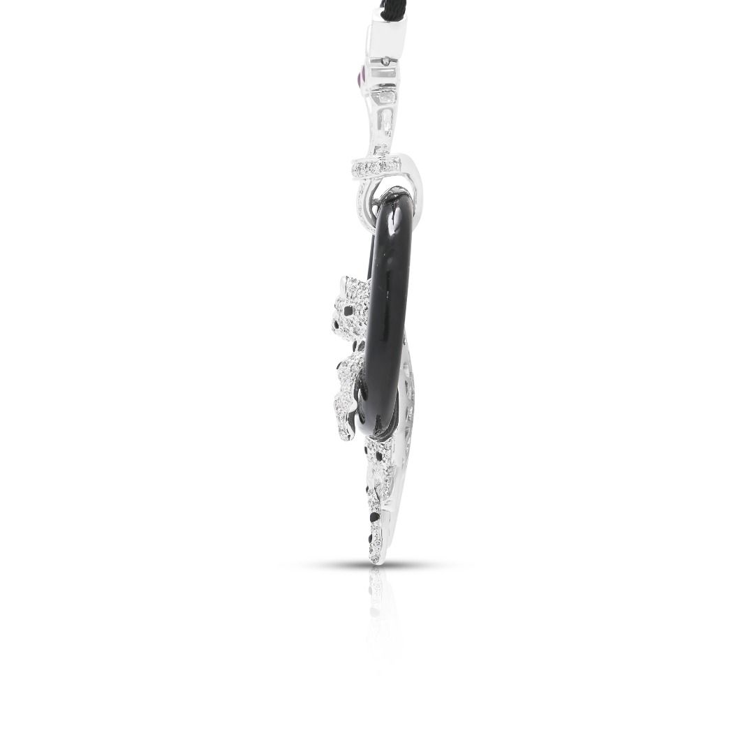 Striking 1.01ct Natural Diamond, Black Onyx, 0.04ct Sapphire and 0.02ct Emerald Feline Necklace in 18K White Gold