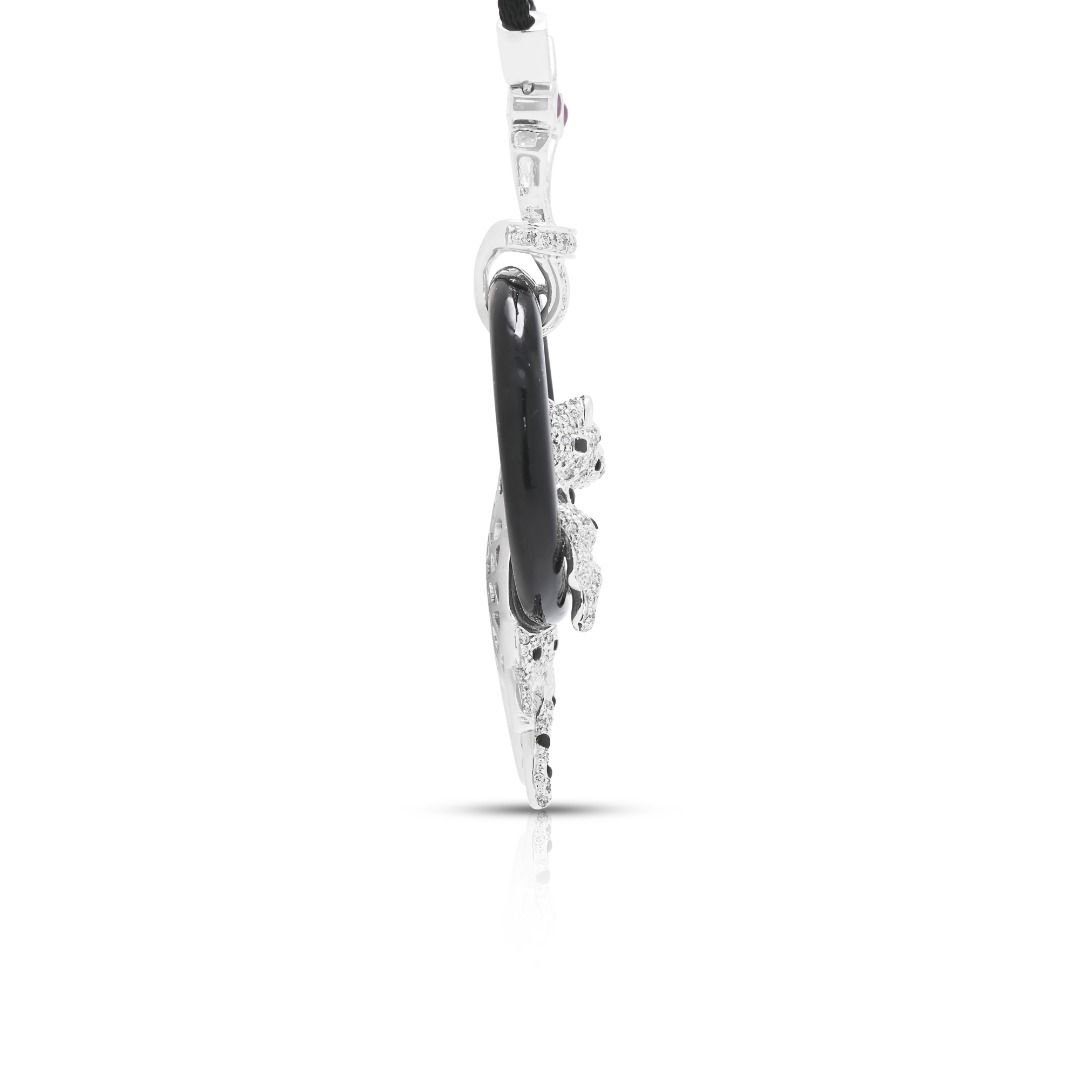 Striking 1.01ct Natural Diamond, Black Onyx, 0.04ct Sapphire and 0.02ct Emerald Feline Necklace in 18K White Gold