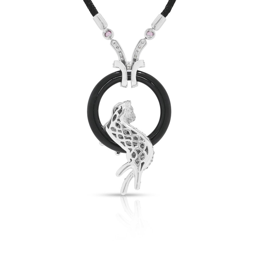 Striking 1.01ct Natural Diamond, Black Onyx, 0.04ct Sapphire and 0.02ct Emerald Feline Necklace in 18K White Gold