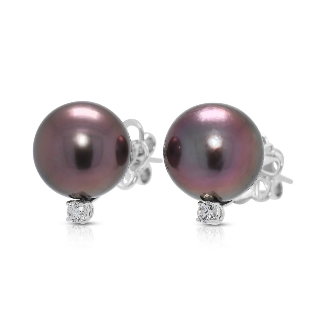 Striking 11.77mm Brown South Sea Pearl and 0.12ct Diamond Stud Earrings in 18k White Gold