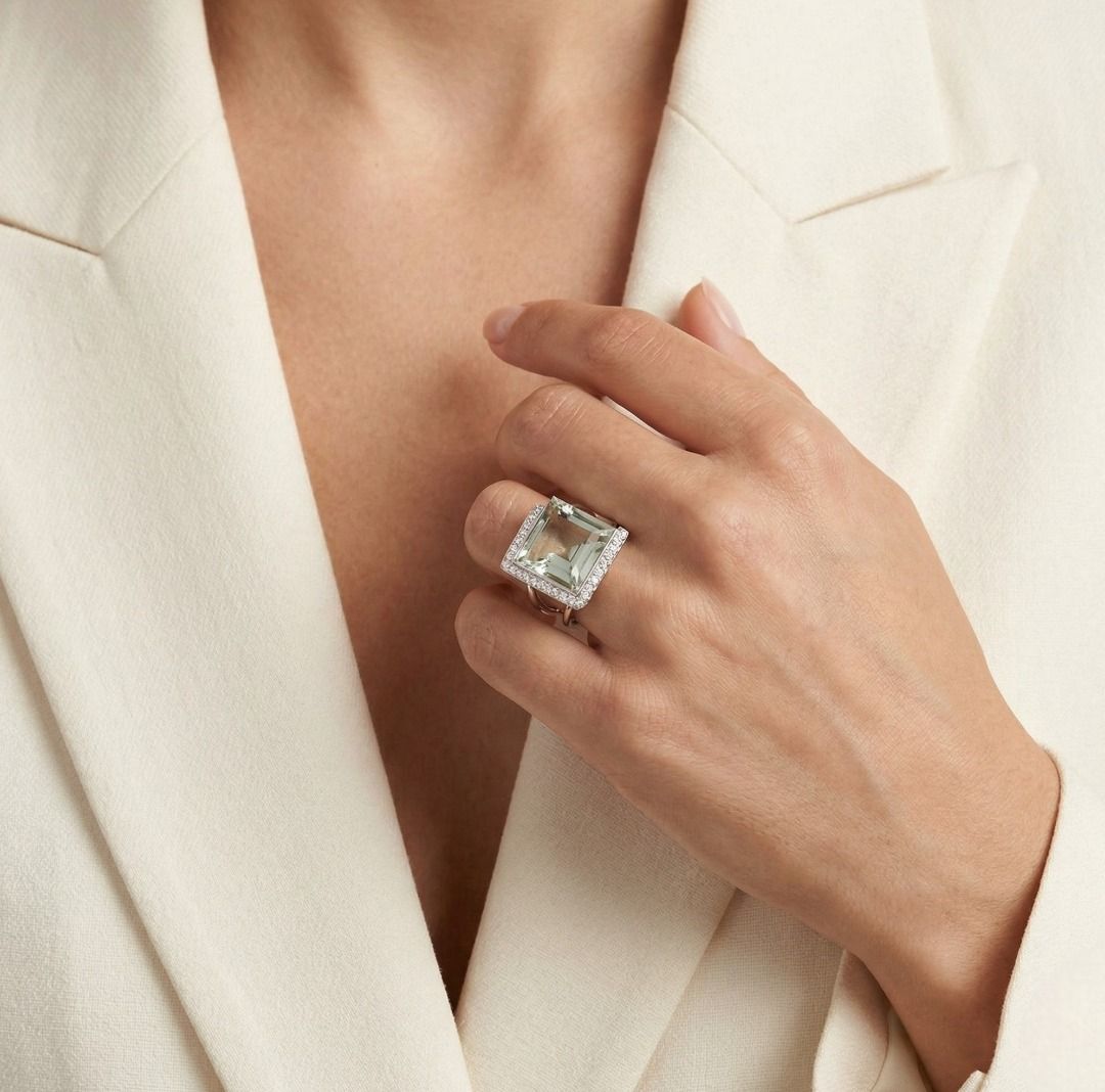 Striking 5.39ct Quartz & Diamond Cocktail Ring in 18K White Gold