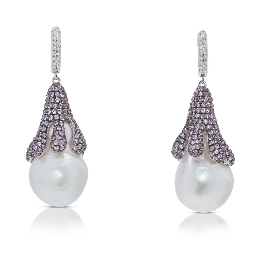 Striking 6.66ct South-Sea Pearl, Sapphire, and Natural Diamonds Earrings in 18K White Gold