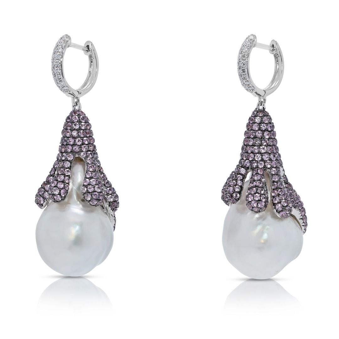 Striking 6.66ct South-Sea Pearl, Sapphire, and Natural Diamonds Earrings in 18K White Gold