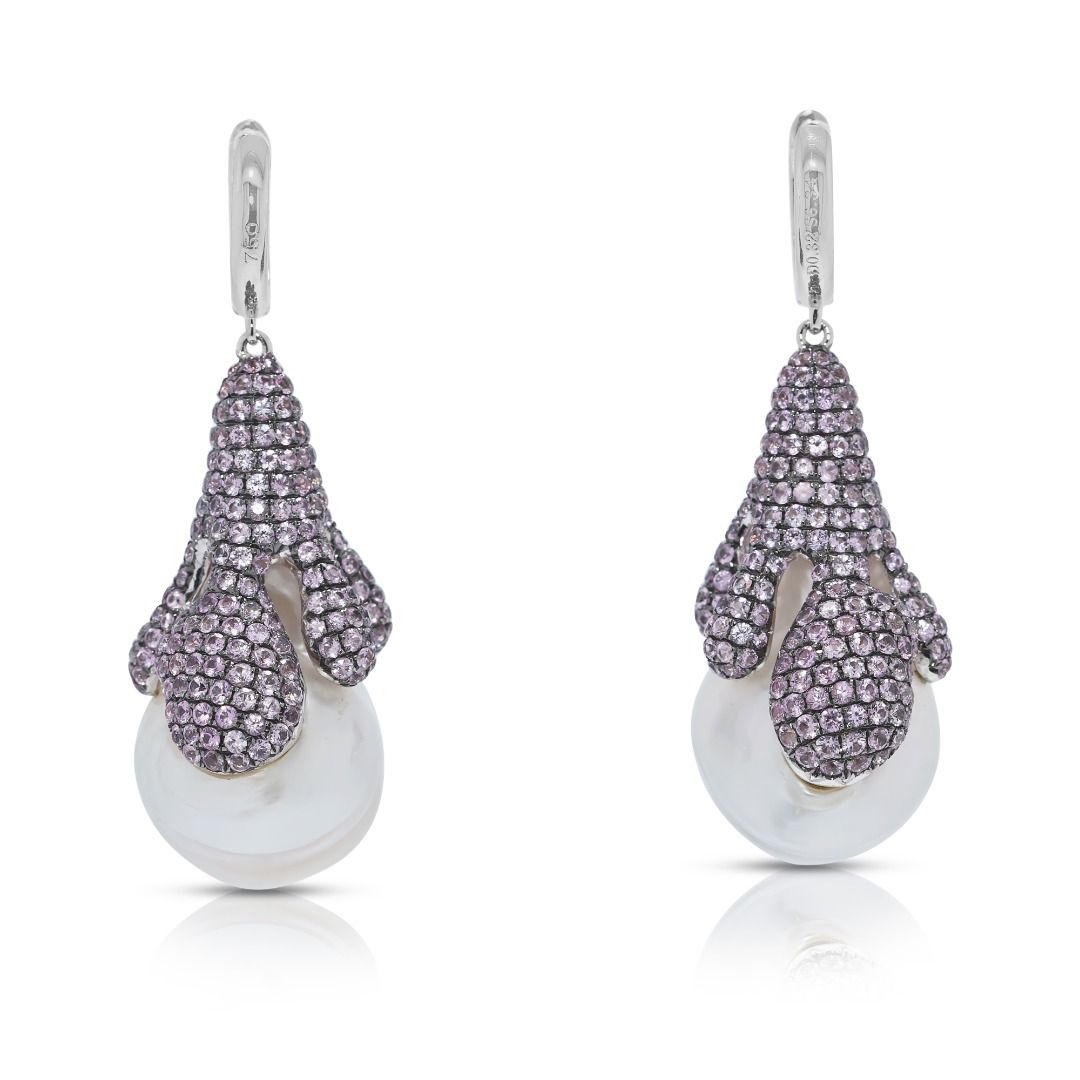 Striking 6.66ct South-Sea Pearl, Sapphire, and Natural Diamonds Earrings in 18K White Gold