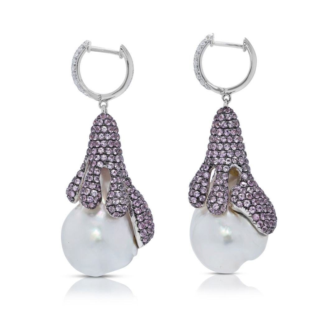 Striking 6.66ct South-Sea Pearl, Sapphire, and Natural Diamonds Earrings in 18K White Gold