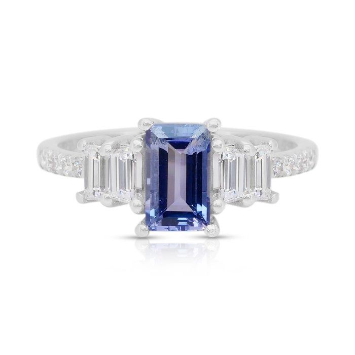 Stunning 1.43ct Tanzanite and Diamonds Pave Ring in 18k White Gold - IGI Certified