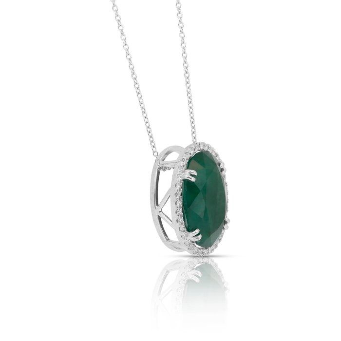 Stunning 15.30ct Emerald and Diamonds Necklace with Pendant in 18k White Gold - IGI Certified