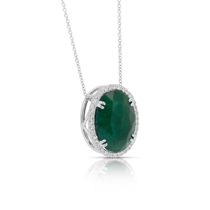 Stunning 15.30ct Emerald and Diamonds Necklace with Pendant in 18k White Gold - IGI Certified