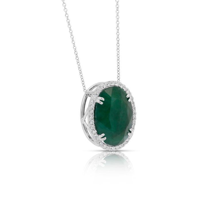Stunning 15.30ct Emerald and Diamonds Necklace with Pendant in 18k White Gold - IGI Certified