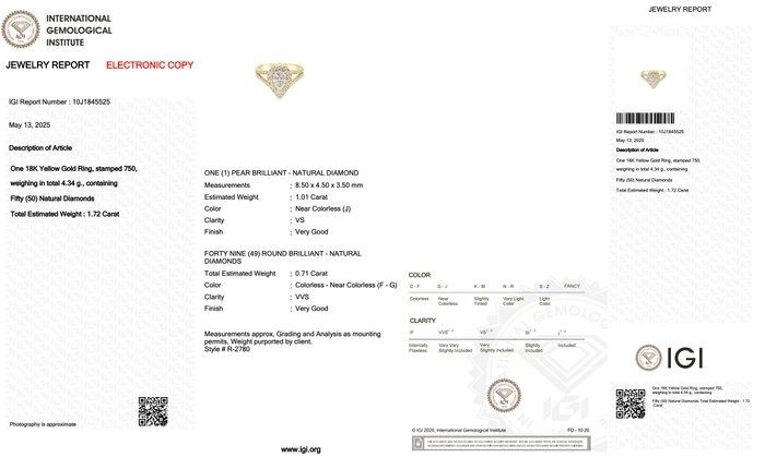 Stunning 1.69ct Diamonds Halo Ring in 18k Yellow Gold - IGI Certified