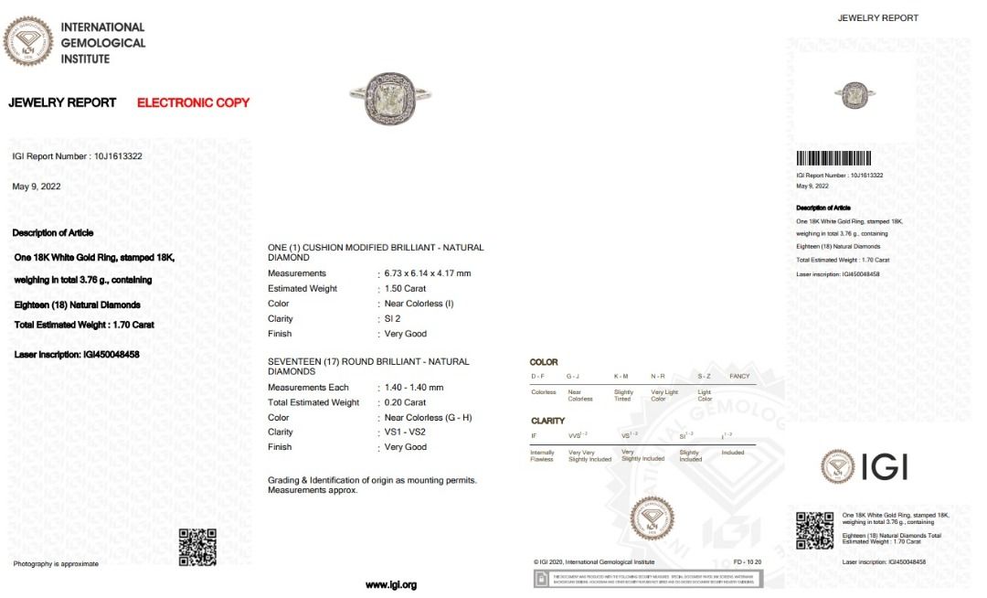 Stunning 1.70ct. Cushion Cut Halo Diamond Ring - IGI Certificate