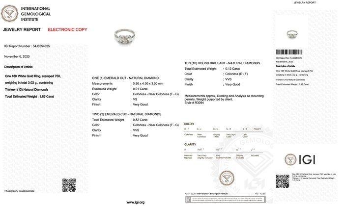 Stunning 1.85ct Diamonds 3-Stone Ring in 18k White Gold - IGI Certified