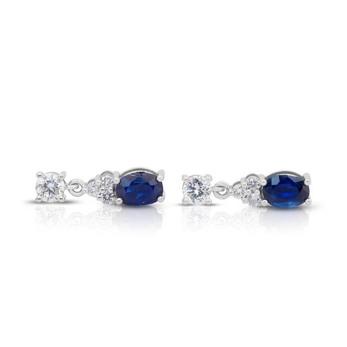 Stunning 2.88ct Sapphires and Diamonds Drop Earrings in 18k White Gold - IGI Certified