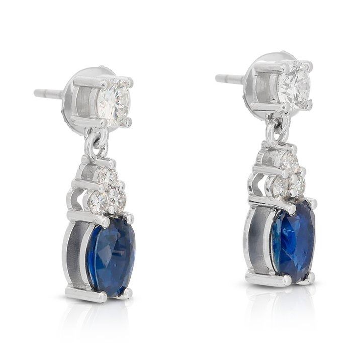 Stunning 2.88ct Sapphires and Diamonds Drop Earrings in 18k White Gold - IGI Certified