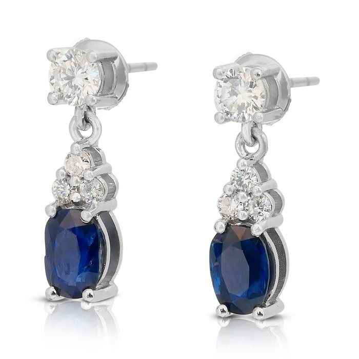 Stunning 2.88ct Sapphires and Diamonds Drop Earrings in 18k White Gold - IGI Certified