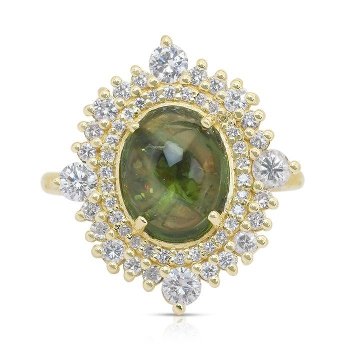 Stunning 4.17ct Tourmaline and Diamonds Cocktail Ring in 14k Yellow Gold - GIA Certified