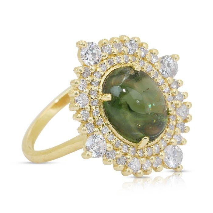 Stunning 4.17ct Tourmaline and Diamonds Cocktail Ring in 14k Yellow Gold - GIA Certified