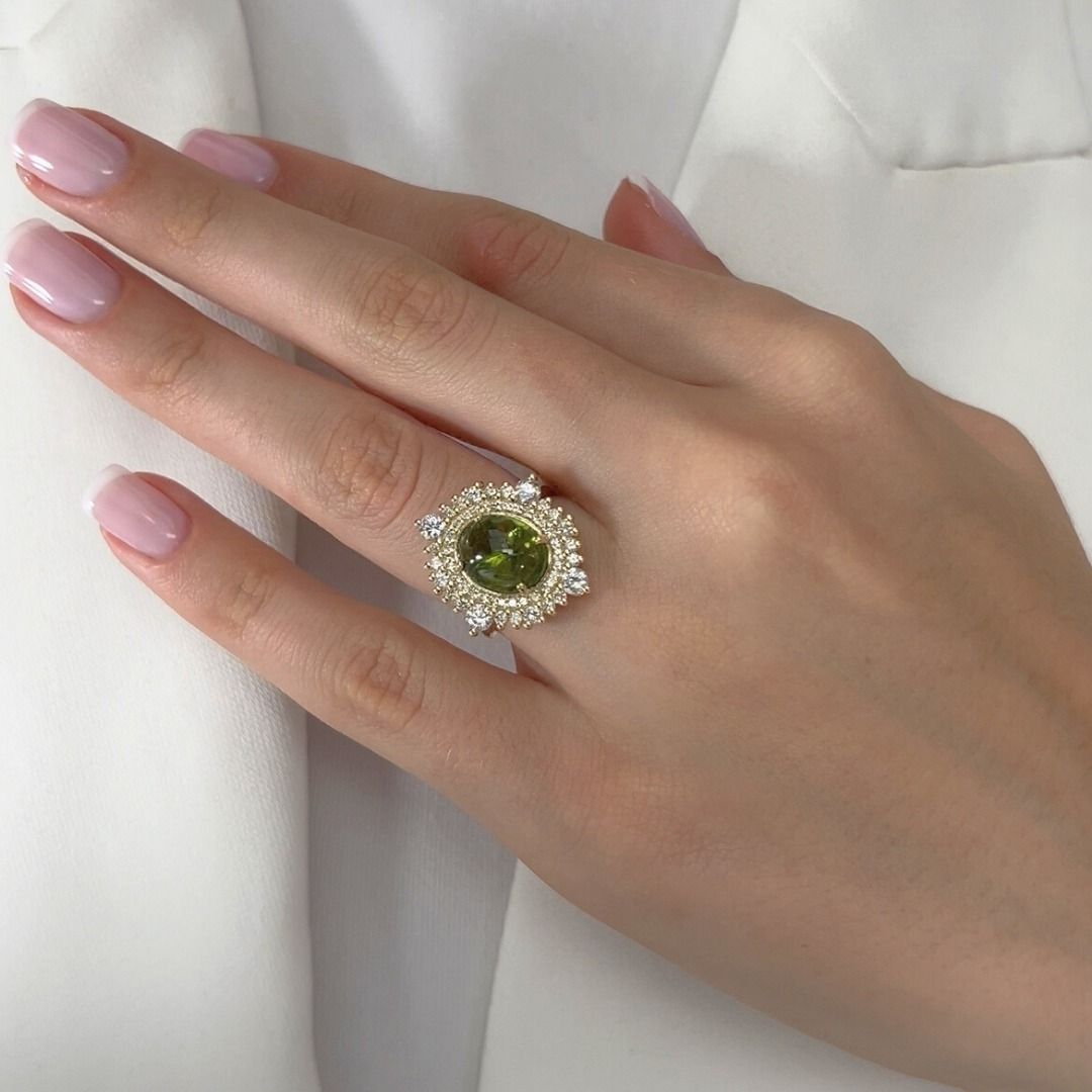 Stunning 4.17ct Tourmaline and Diamonds Cocktail Ring in 14k Yellow Gold - GIA Certified