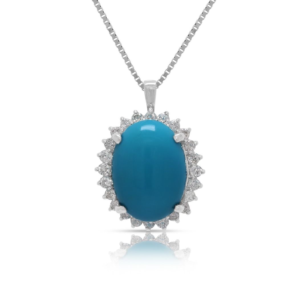 Stunning 4.88ct Natural Turquoise and Diamond Platinum Pendant and Chain (New-Unworn)