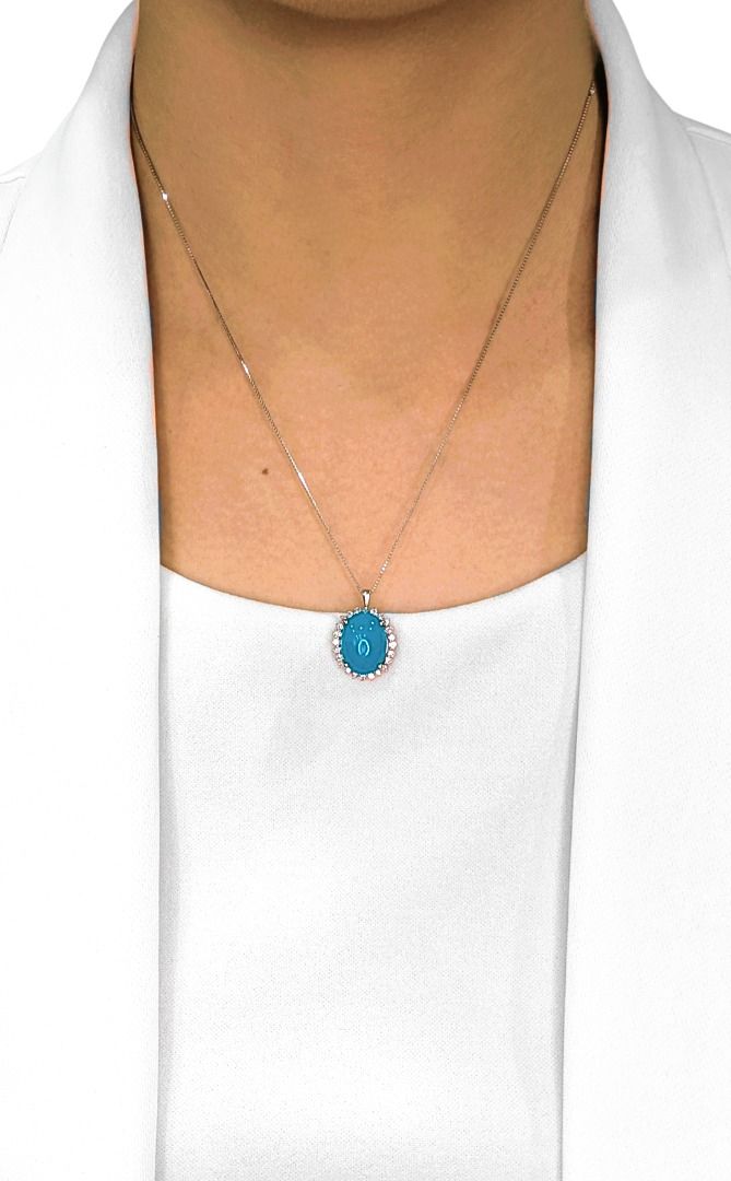 Stunning 4.88ct Natural Turquoise and Diamond Platinum Pendant and Chain (New-Unworn)