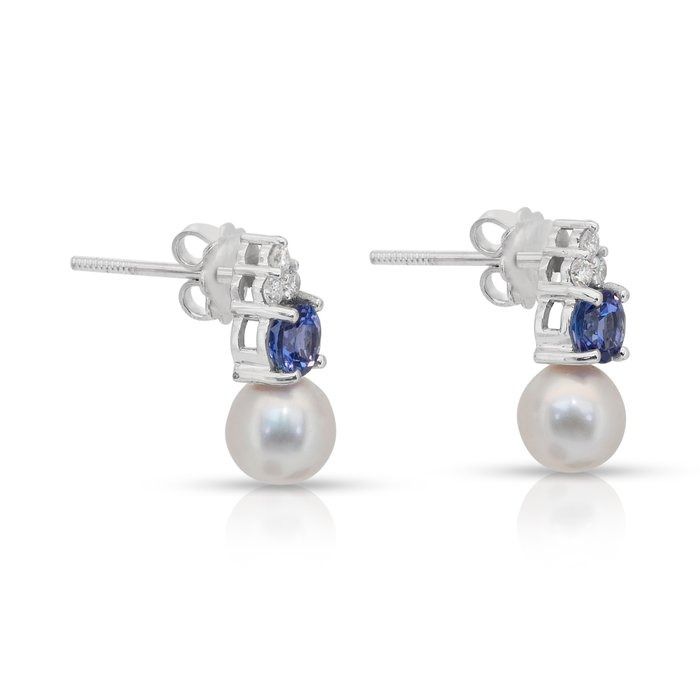 Stunning 6.84ct Tanzanite, Fresh Water Cultured Pearls, and Diamonds Drop Earrings in 18k White Gold - IGI Certified