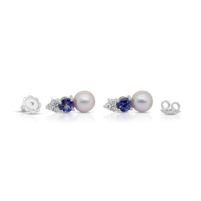 Stunning 6.84ct Tanzanite, Fresh Water Cultured Pearls, and Diamonds Drop Earrings in 18k White Gold - IGI Certified