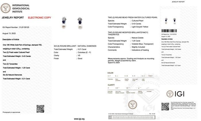 Stunning 6.84ct Tanzanite, Fresh Water Cultured Pearls, and Diamonds Drop Earrings in 18k White Gold - IGI Certified