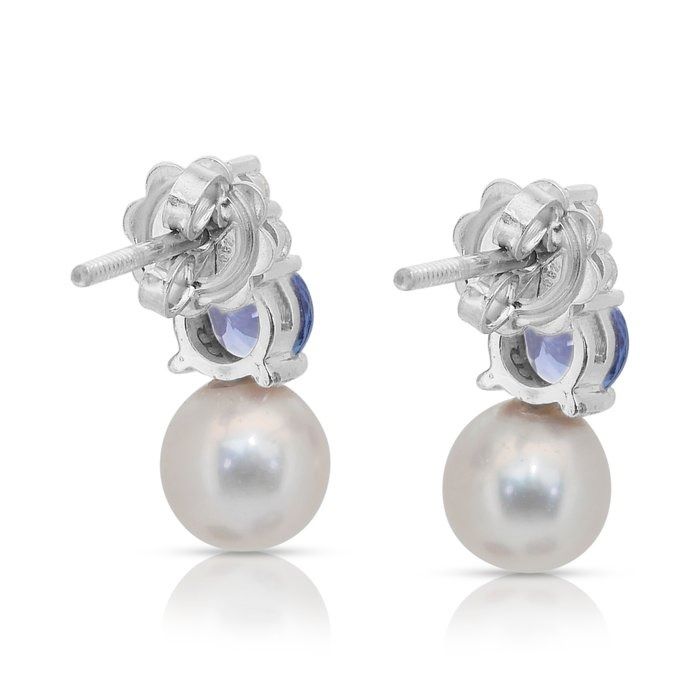 Stunning 6.84ct Tanzanite, Fresh Water Cultured Pearls, and Diamonds Drop Earrings in 18k White Gold - IGI Certified
