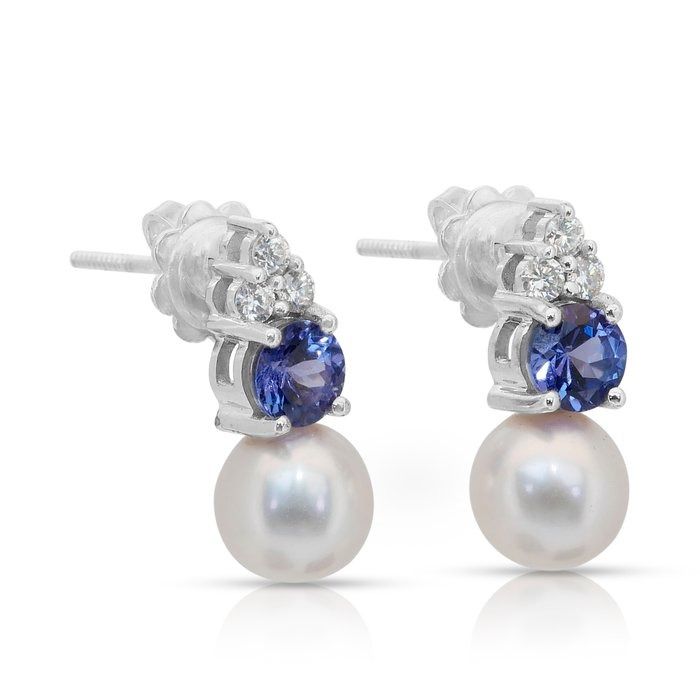 Stunning 6.84ct Tanzanite, Fresh Water Cultured Pearls, and Diamonds Drop Earrings in 18k White Gold - IGI Certified