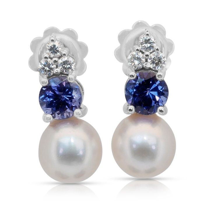 Stunning 6.84ct Tanzanite, Fresh Water Cultured Pearls, and Diamonds Drop Earrings in 18k White Gold - IGI Certified