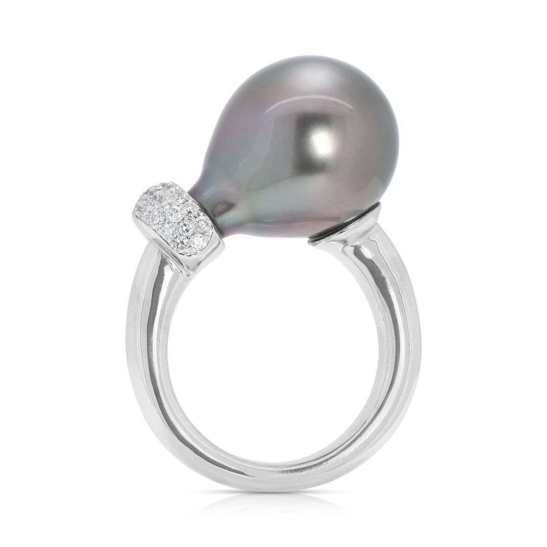Stunning Tahitian Pearl Ring with Natural Diamonds in 18K White Gold