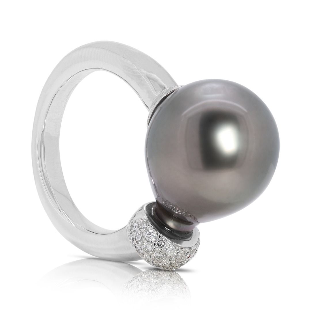 Stunning Tahitian Pearl Ring with Natural Diamonds in 18K White Gold