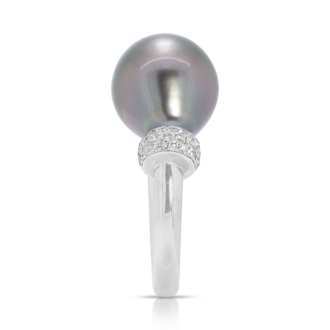 Stunning Tahitian Pearl Ring with Natural Diamonds in 18K White Gold