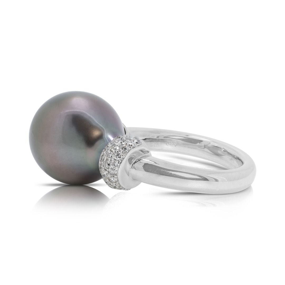 Stunning Tahitian Pearl Ring with Natural Diamonds in 18K White Gold