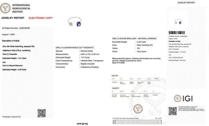 Stylish 1.46ct Tanzanite and Diamond 2-Stone Ring in 18k White Gold - IGI Certified