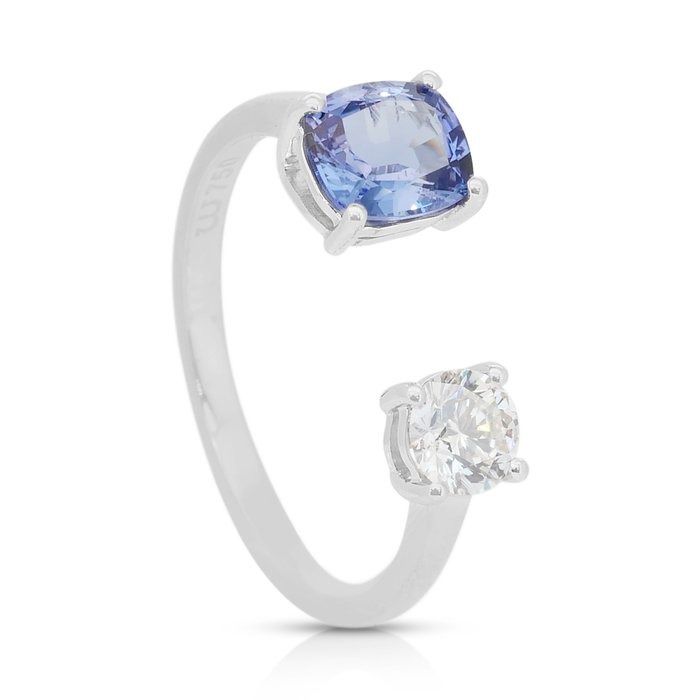 Stylish 1.46ct Tanzanite and Diamond 2-Stone Ring in 18k White Gold - IGI Certified