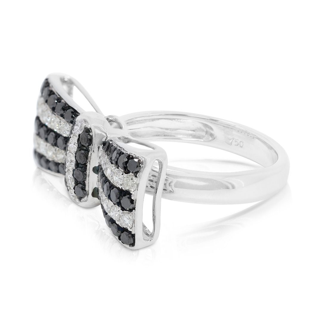 Stylish 1 carat and 9 points Natural Clear and Black Diamond Ribbon-Shaped Ring in 18K White Gold