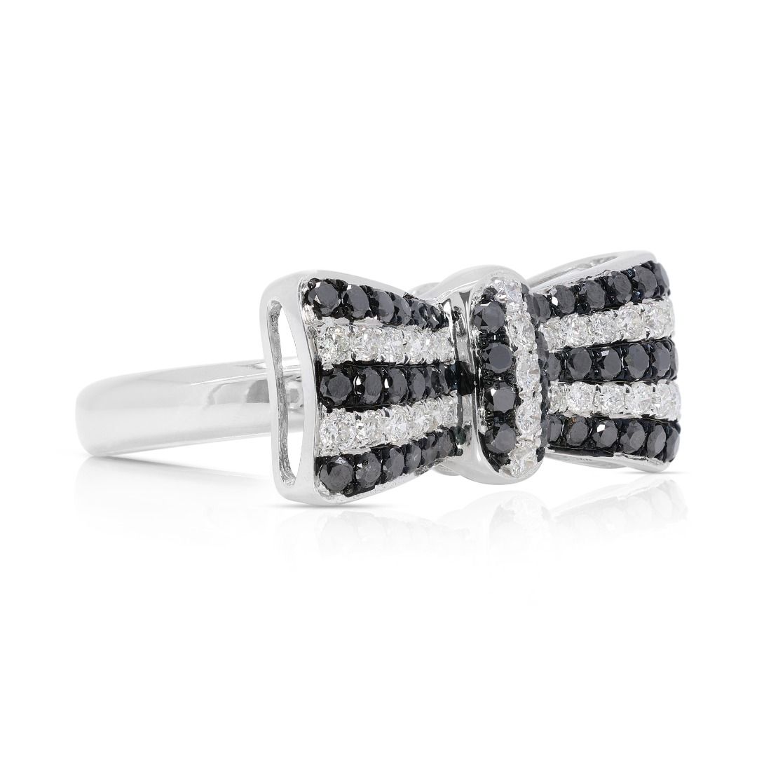 Stylish 1 carat and 9 points Natural Clear and Black Diamond Ribbon-Shaped Ring in 18K White Gold