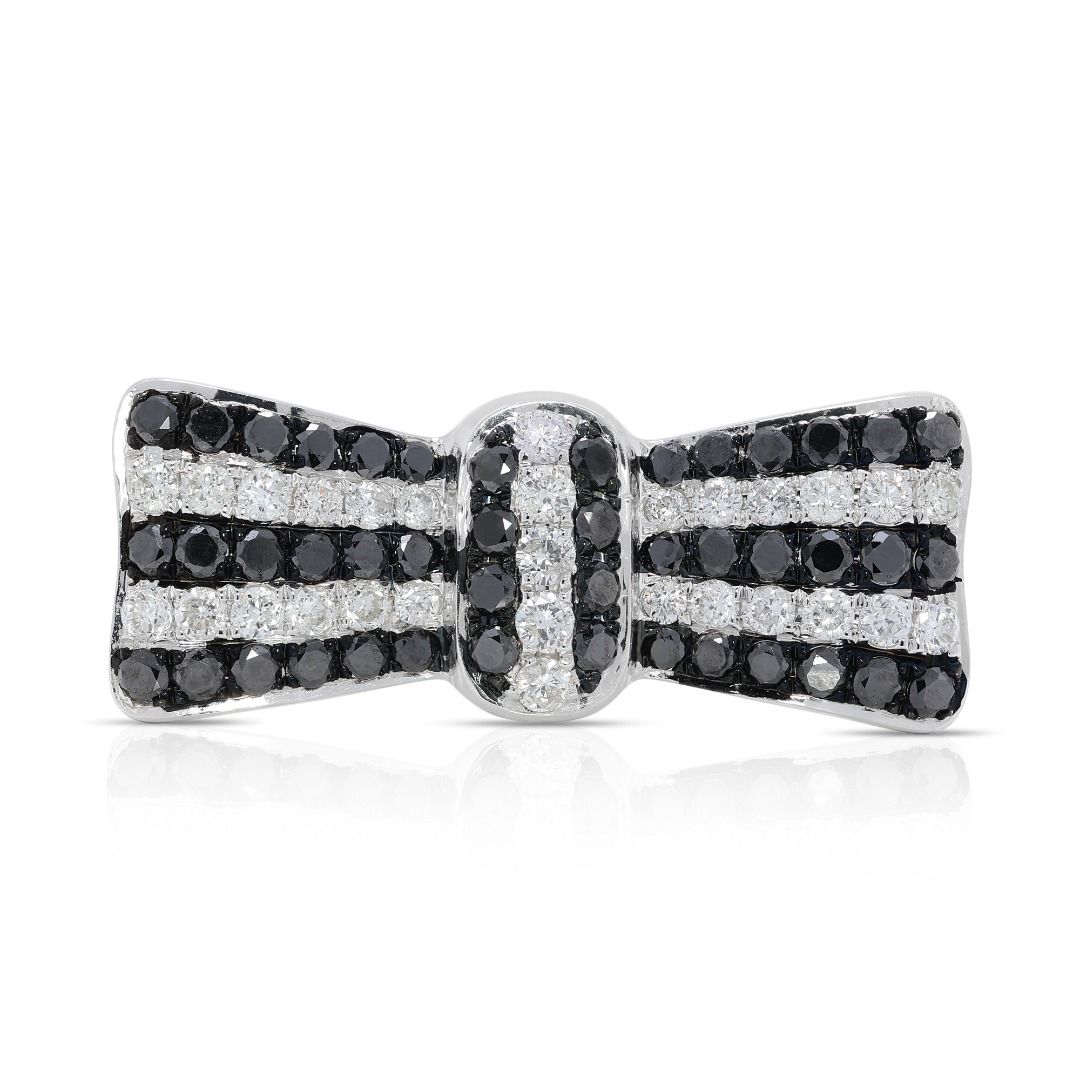 Stylish 1 carat and 9 points Natural Clear and Black Diamond Ribbon-Shaped Ring in 18K White Gold